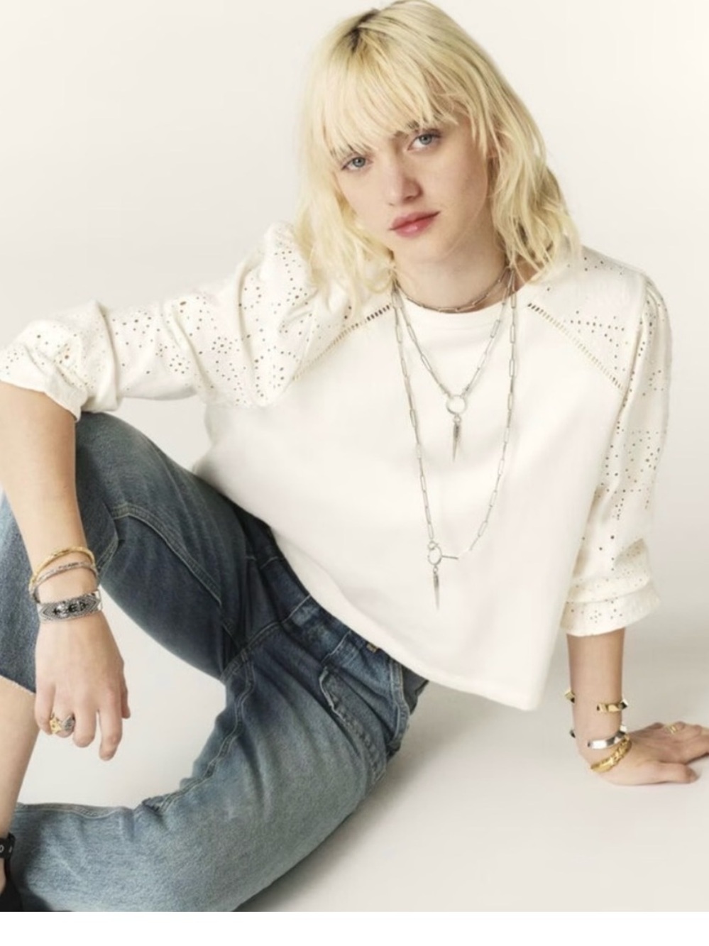 NWT Ba&Sh Lucas White Lace Eyelet-Detail Round Neck Sweatshirt Size M